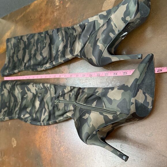 Aldo Camo Stretch Satin Thigh High Boots Size 6 Military Chic Grunge punk sleek - Picture 12 of 16